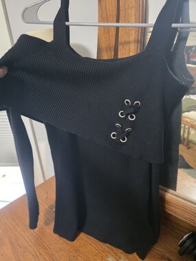 Black Off-the-Shoulder Ribbed Sweater with Lace-Up Detail